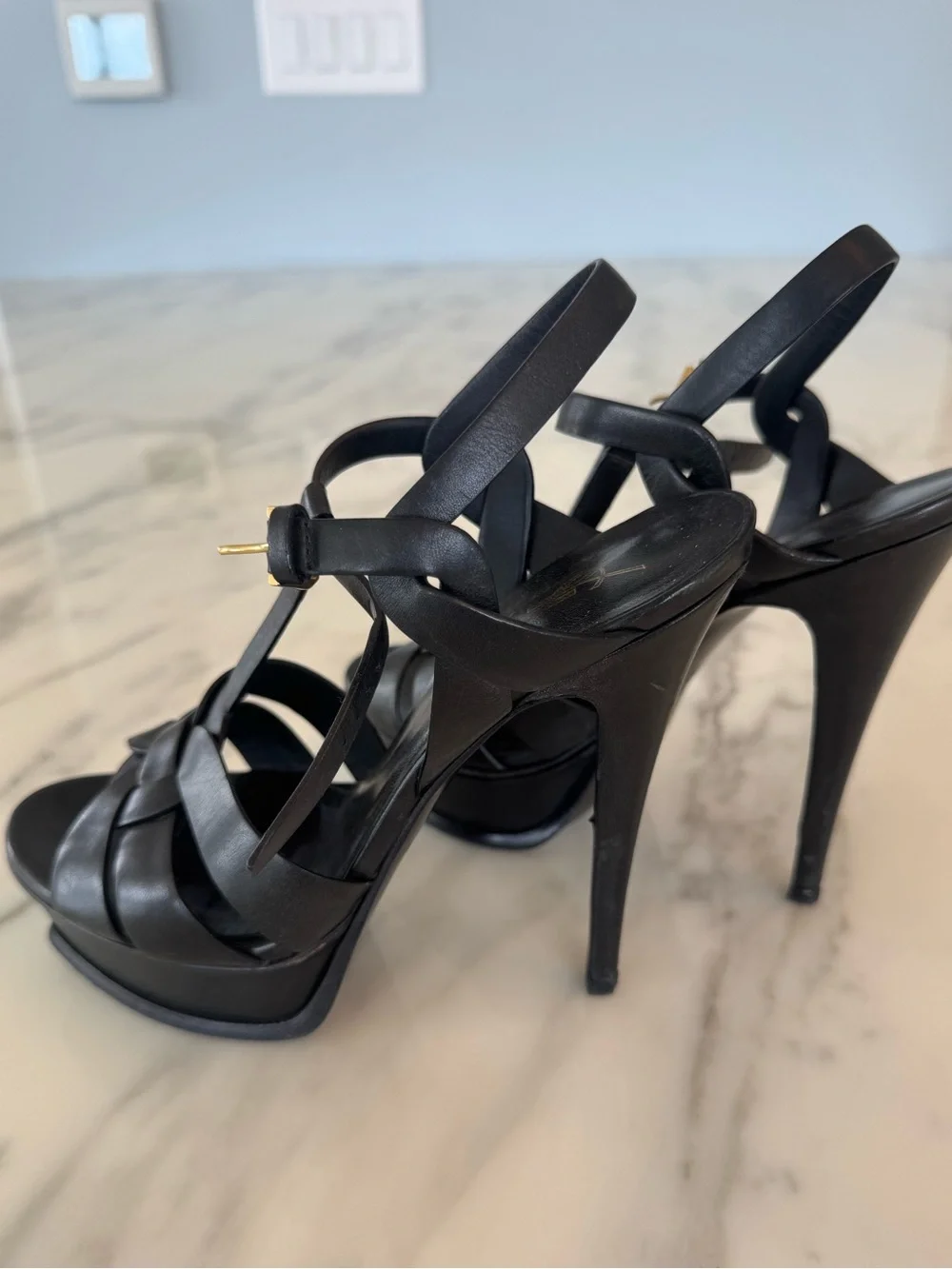 Saint Laurent Black Leather Woven T-Strap Heels with Gold Buckle - Picture 7 of 10